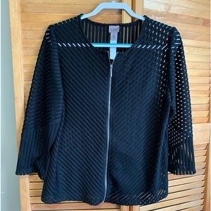 Chicos large black fabric and mesh diagonal and vertical lines with zip front.